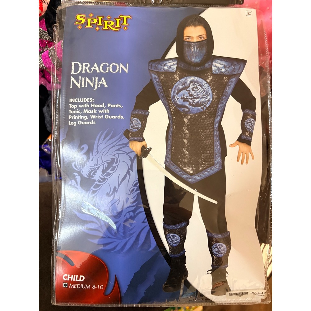 Spirit Halloween Dragon Ninja Costume Kids Medium 8-10 Blue Black 7-Piece Set - Picture 2 of 6